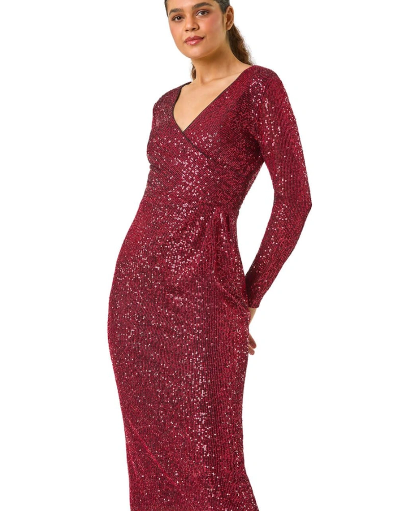Sequin Front Wrap Midi Stretch Dress