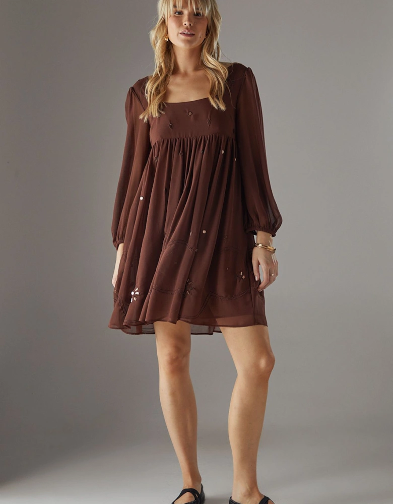 Hand Embellished Sequin Square Neck Mini Dress