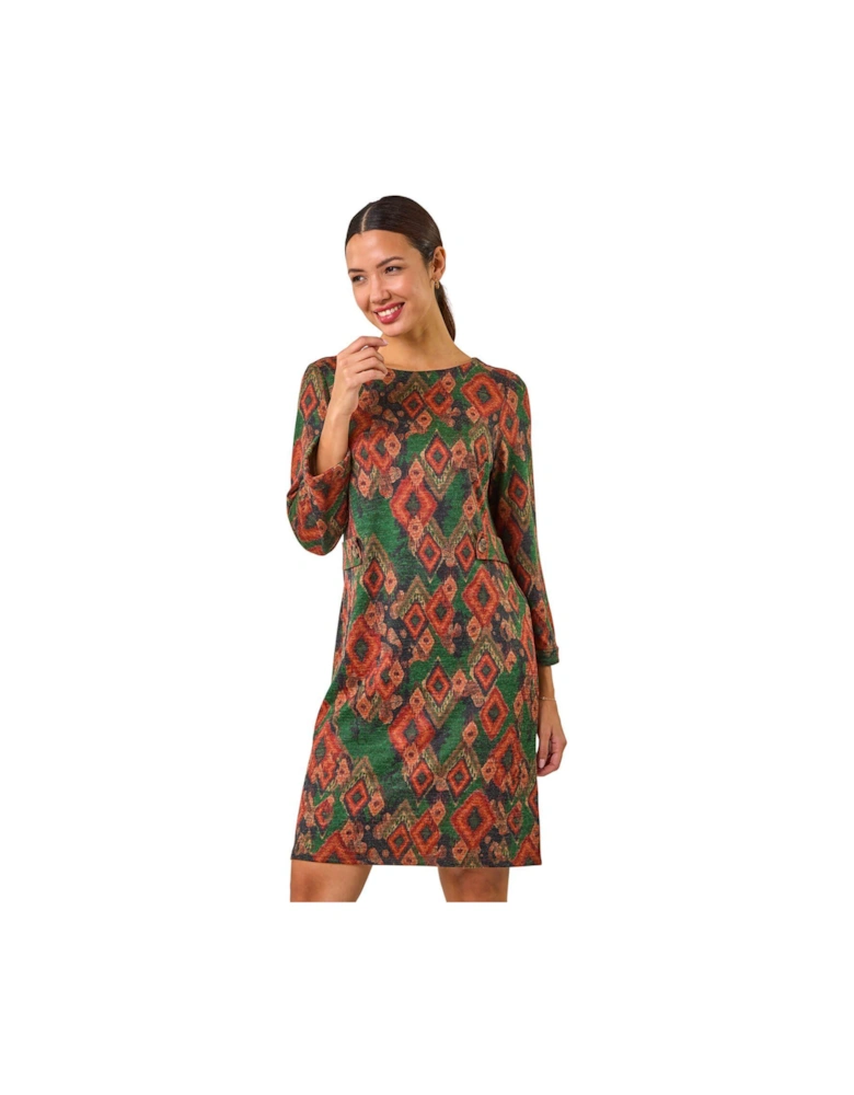 Aztec Print Tab Detail Stretch Shift Dress