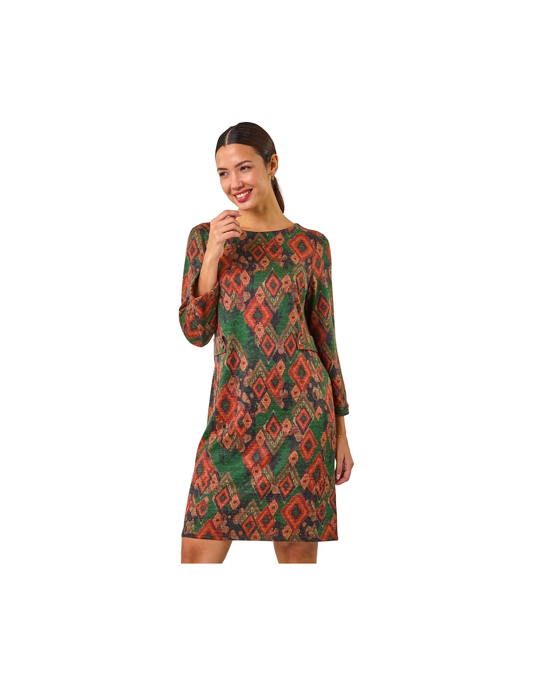 Aztec Print Tab Detail Stretch Shift Dress, 2 of 1