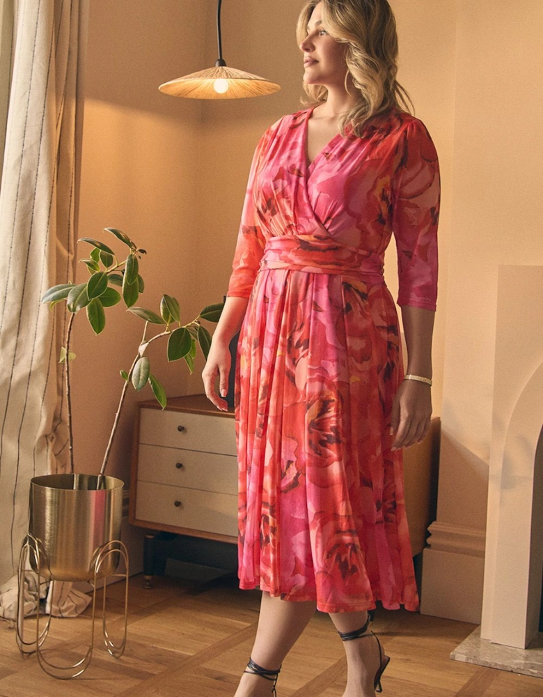 Floral Mesh Ruched Midi Faux Wrap Dress