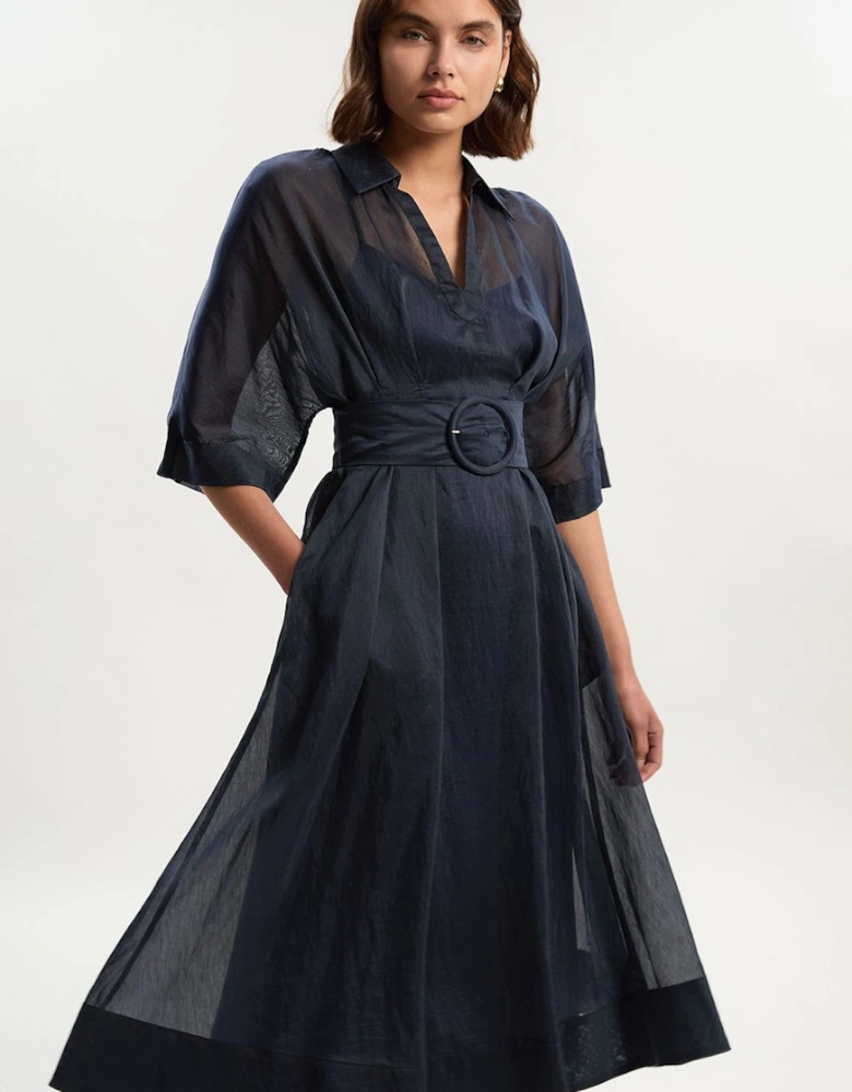 Organdie Plunge Collared Woven Maxi Dress