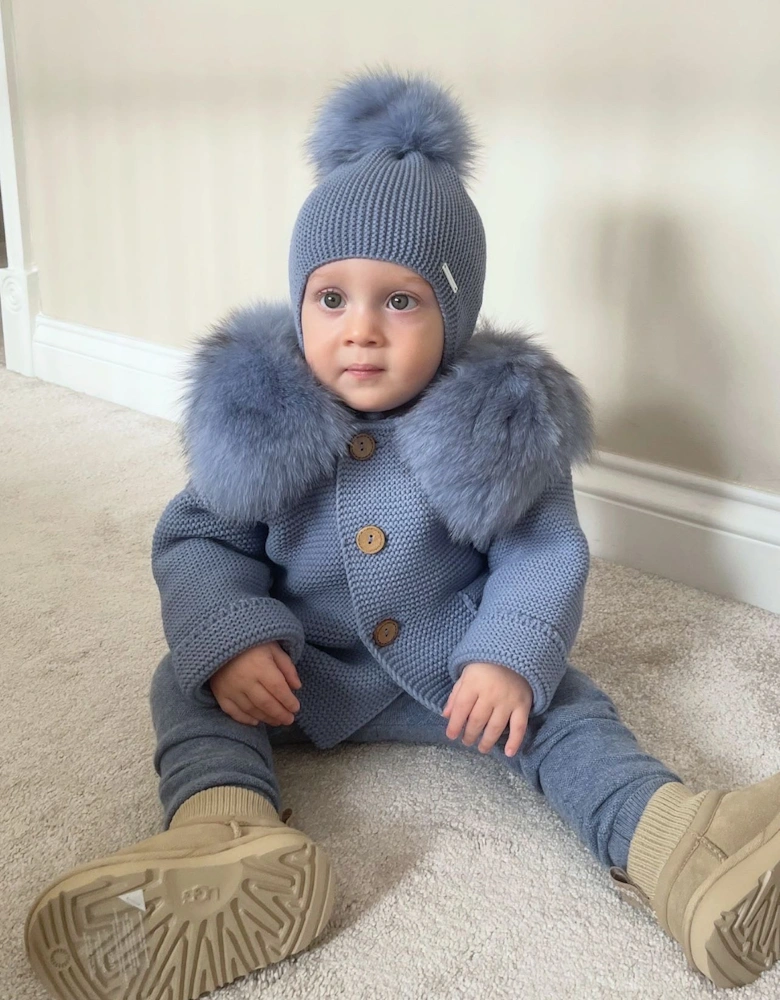 Strong Blue Knit Natural Fur Cardigan