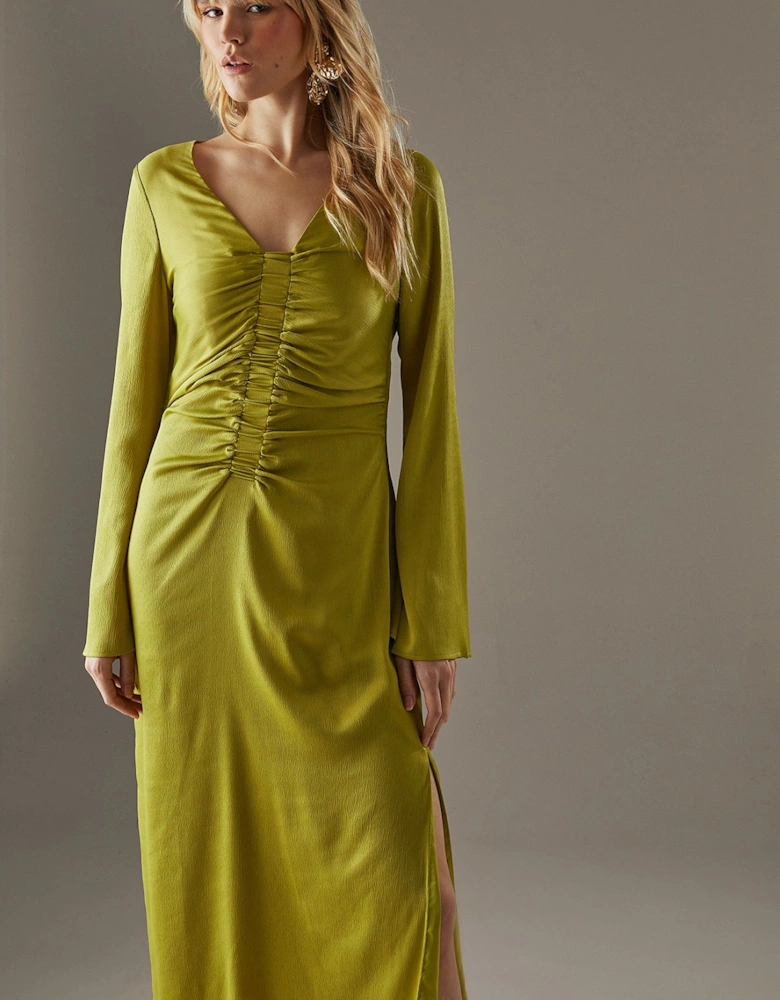 Crinkle Satin Ruched Front Column Midi Dress