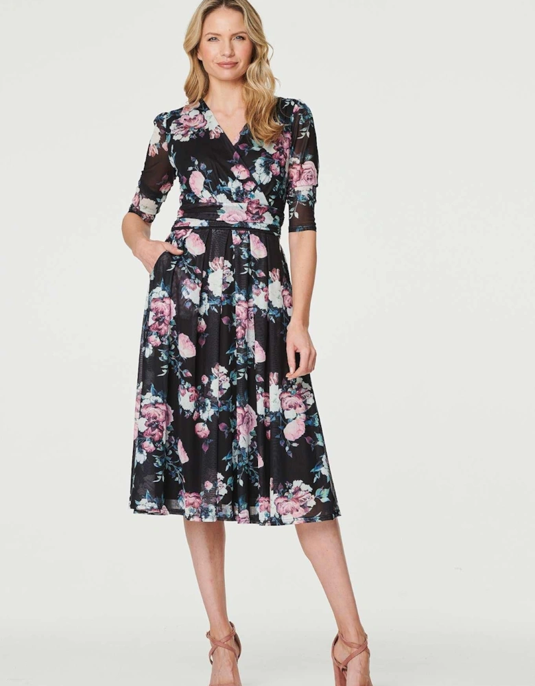Floral Ruched Midi Tea Dress