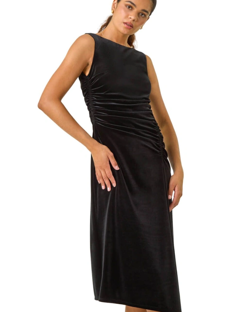 Velvet Rose Print Side Ruched Midi Dress