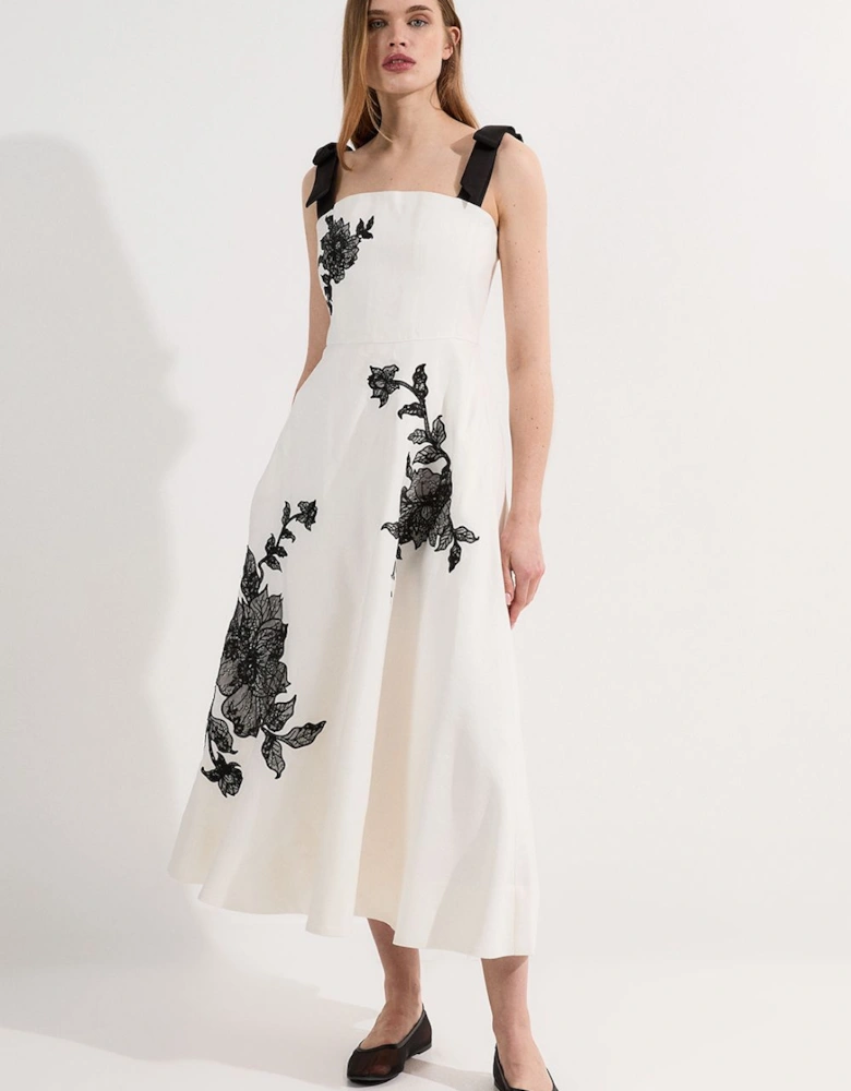 Viscose Linen Placed Floral Lace Embroidered Strappy Midi Dress