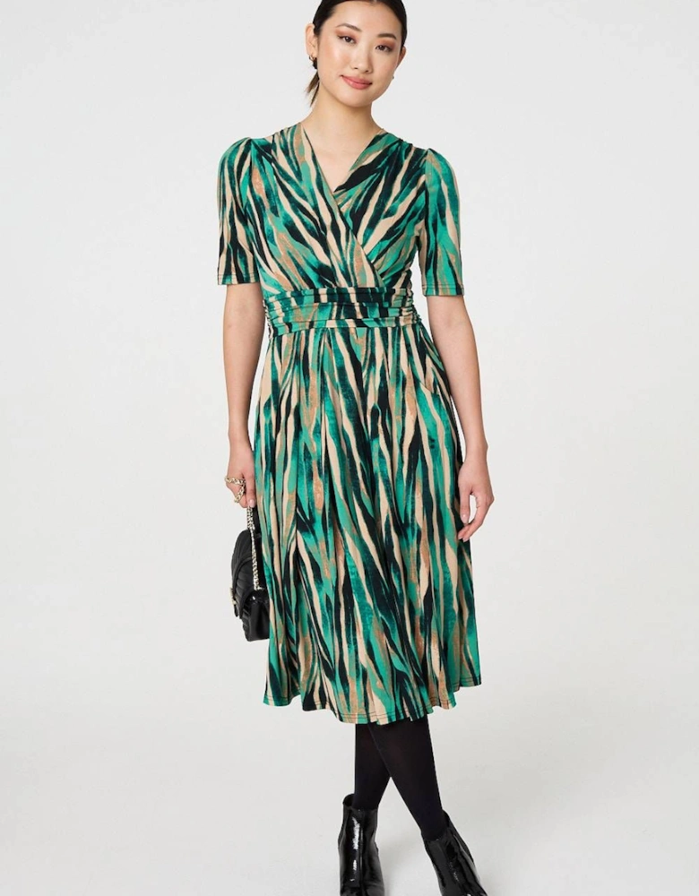 Printed 1/2 Sleeve Wrap Waist Midi Dress