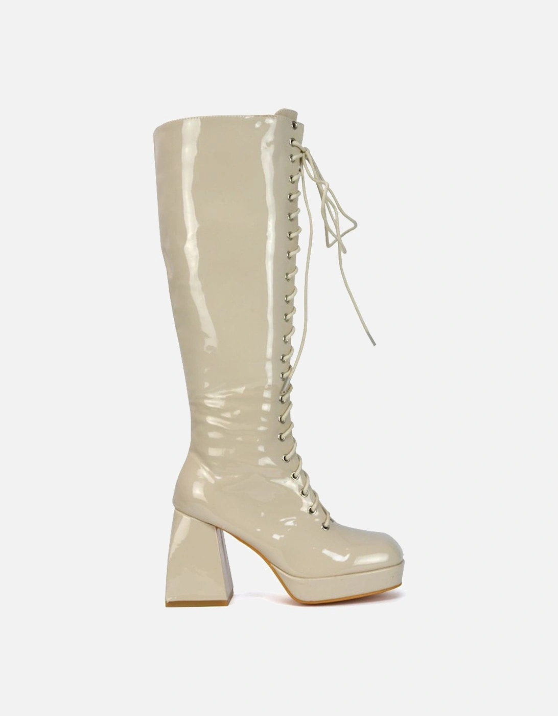 'Love' Chunky Platform Block Heel Knee High Lace up Boots, 2 of 1