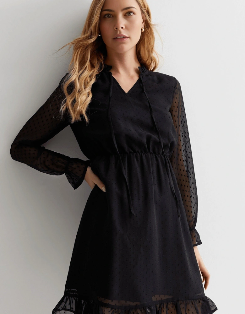 Black Spot Tie Neck Mini Dress
