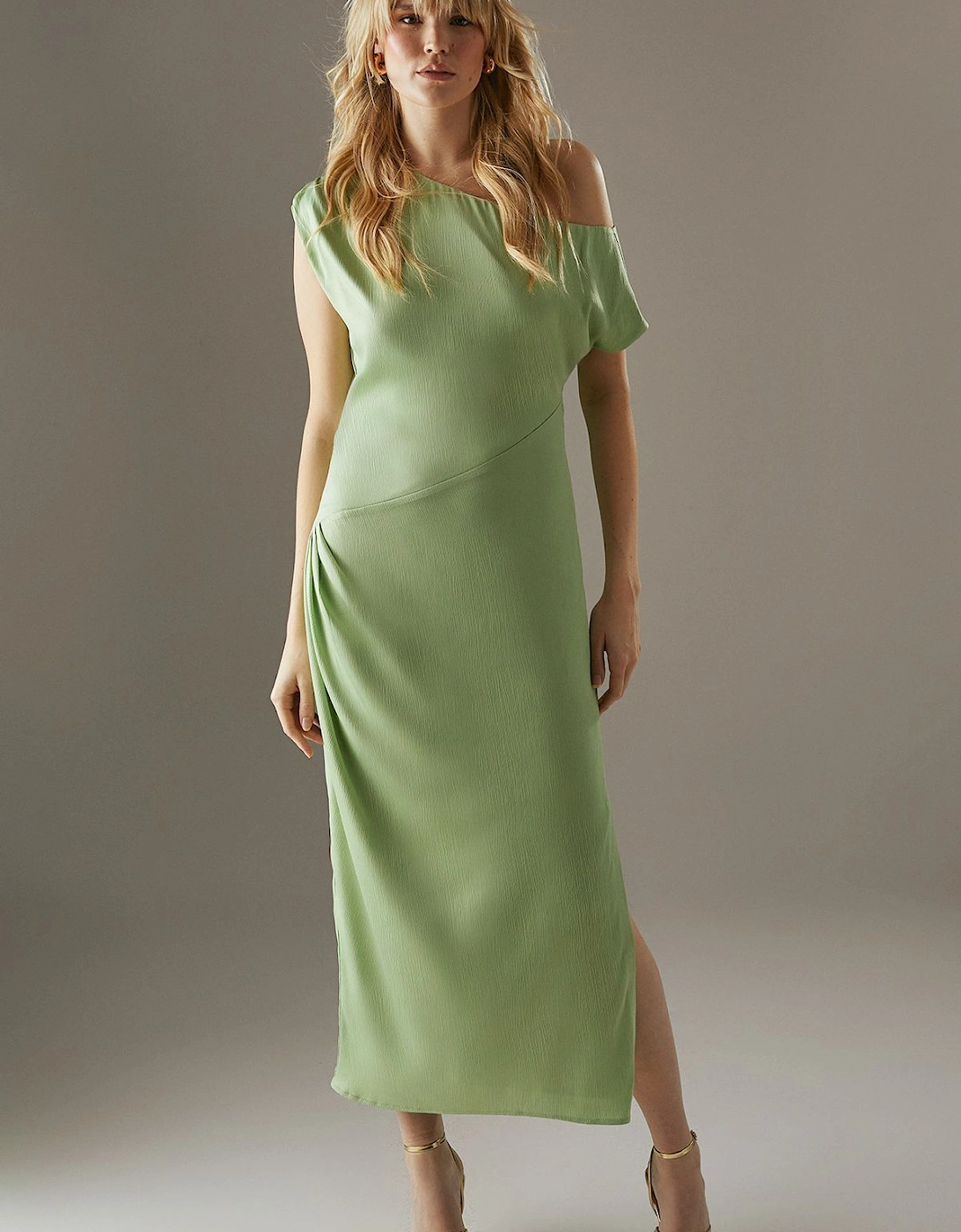 Crinkle Satin Fallen Shoulder Knot Side Midi Dress, 2 of 1