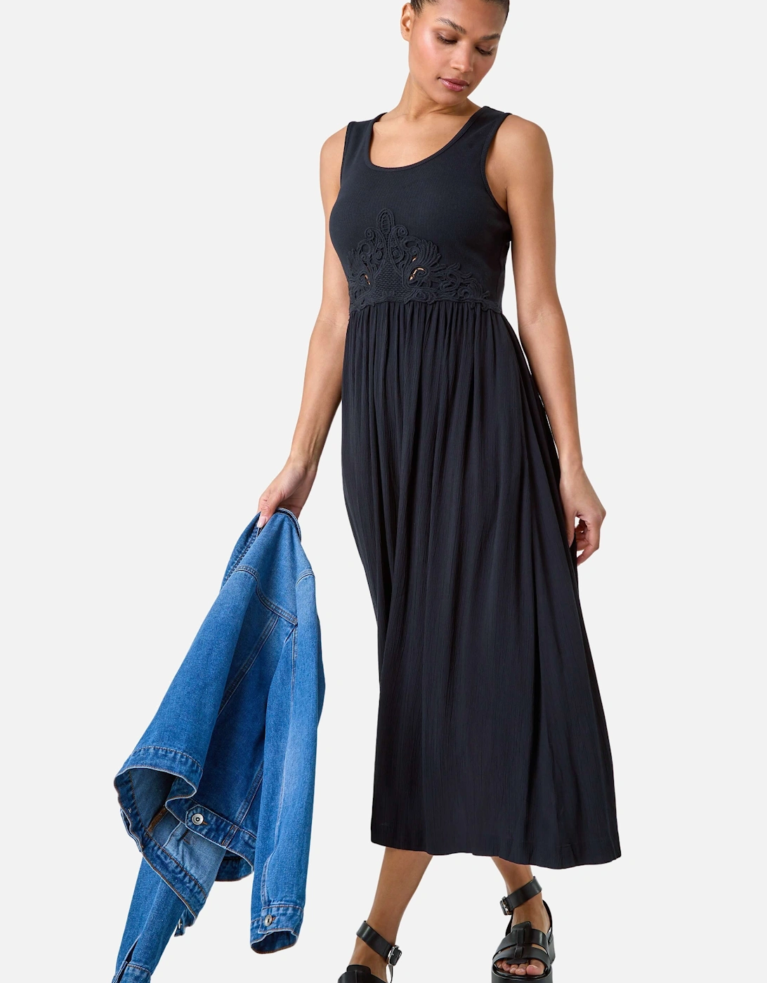 Cotton Blend Lace Detail Midi Dress, 2 of 1