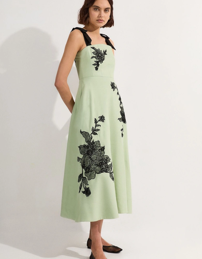 Viscose Linen Placed Floral Lace Embroidered Strappy Midi Dress