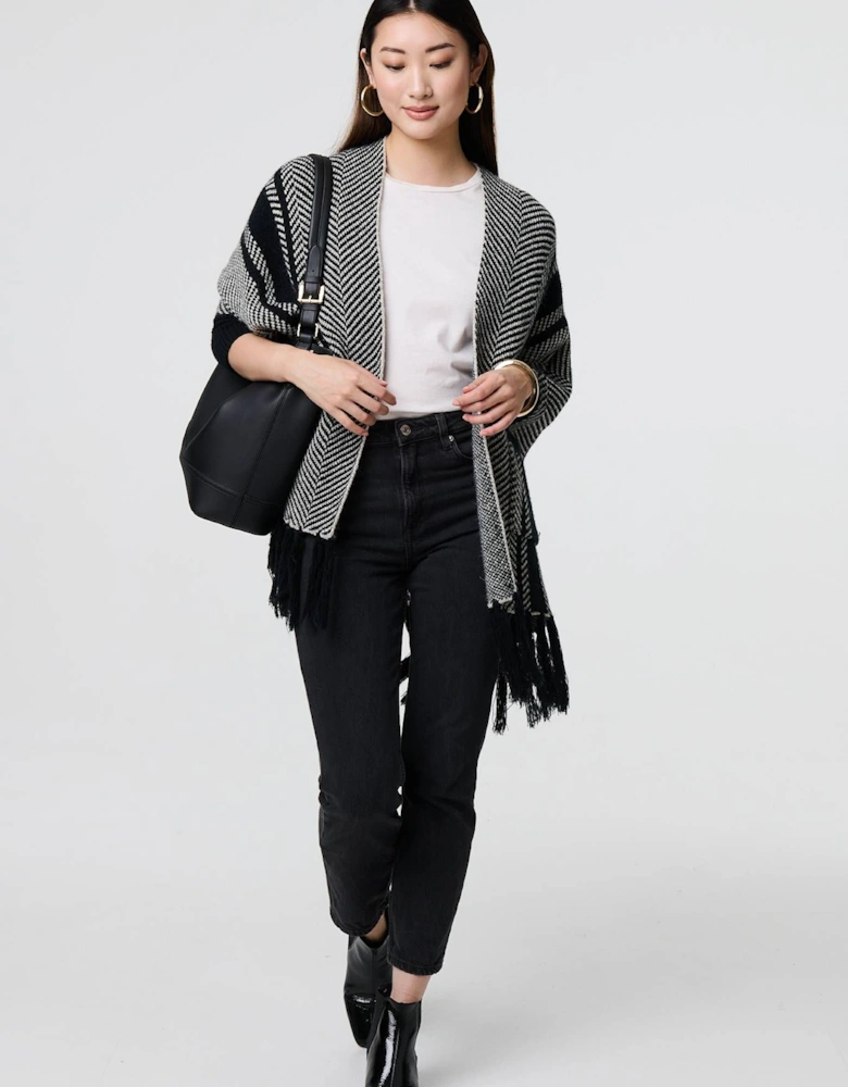 Chevron Print Tassel Fringe Open Cardigan
