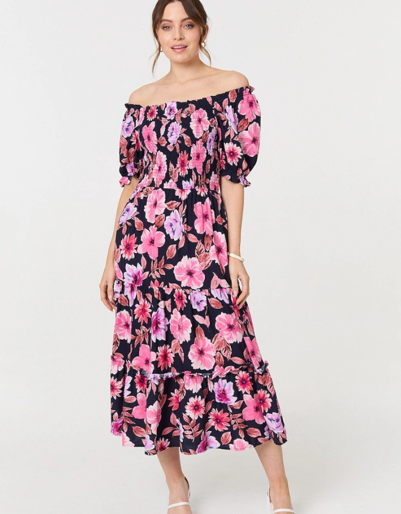 Floral Puff Sleeve Bardot Midi Dress