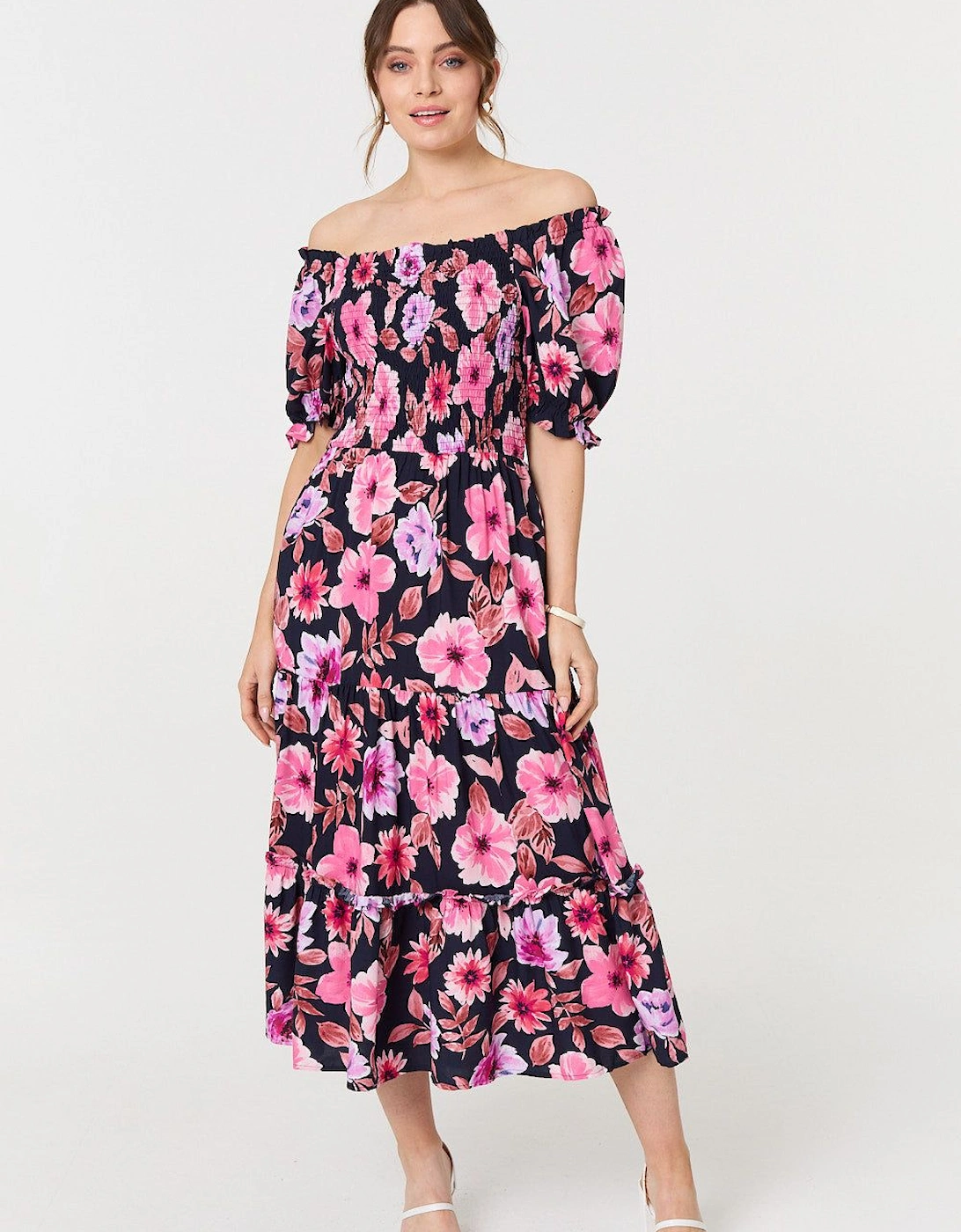 Floral Puff Sleeve Bardot Midi Dress, 2 of 1