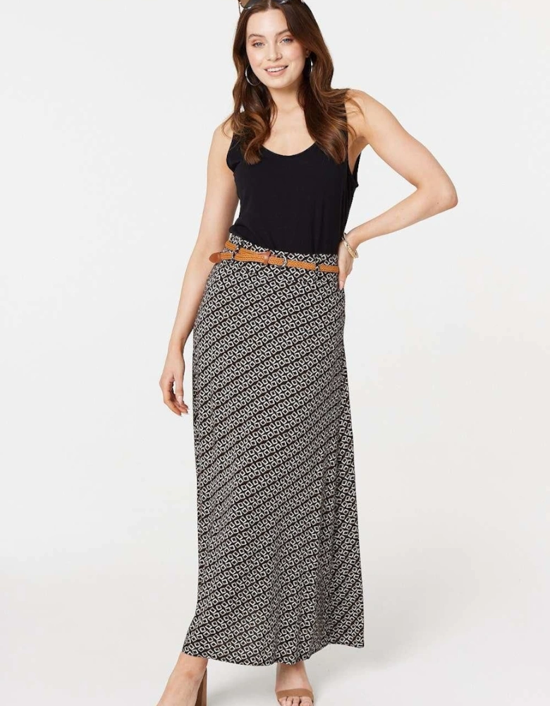 Printed A-Line Belt Maxi Skirt