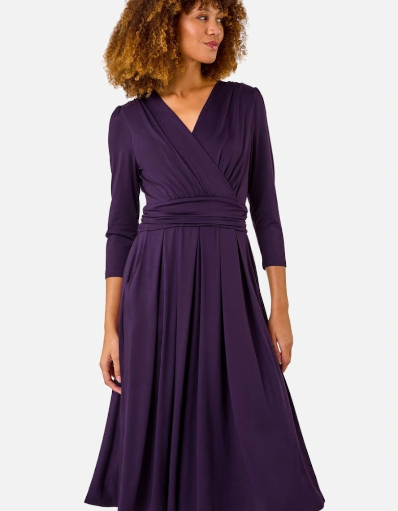 Mock Wrap V-Neck Stretch Midi Dress