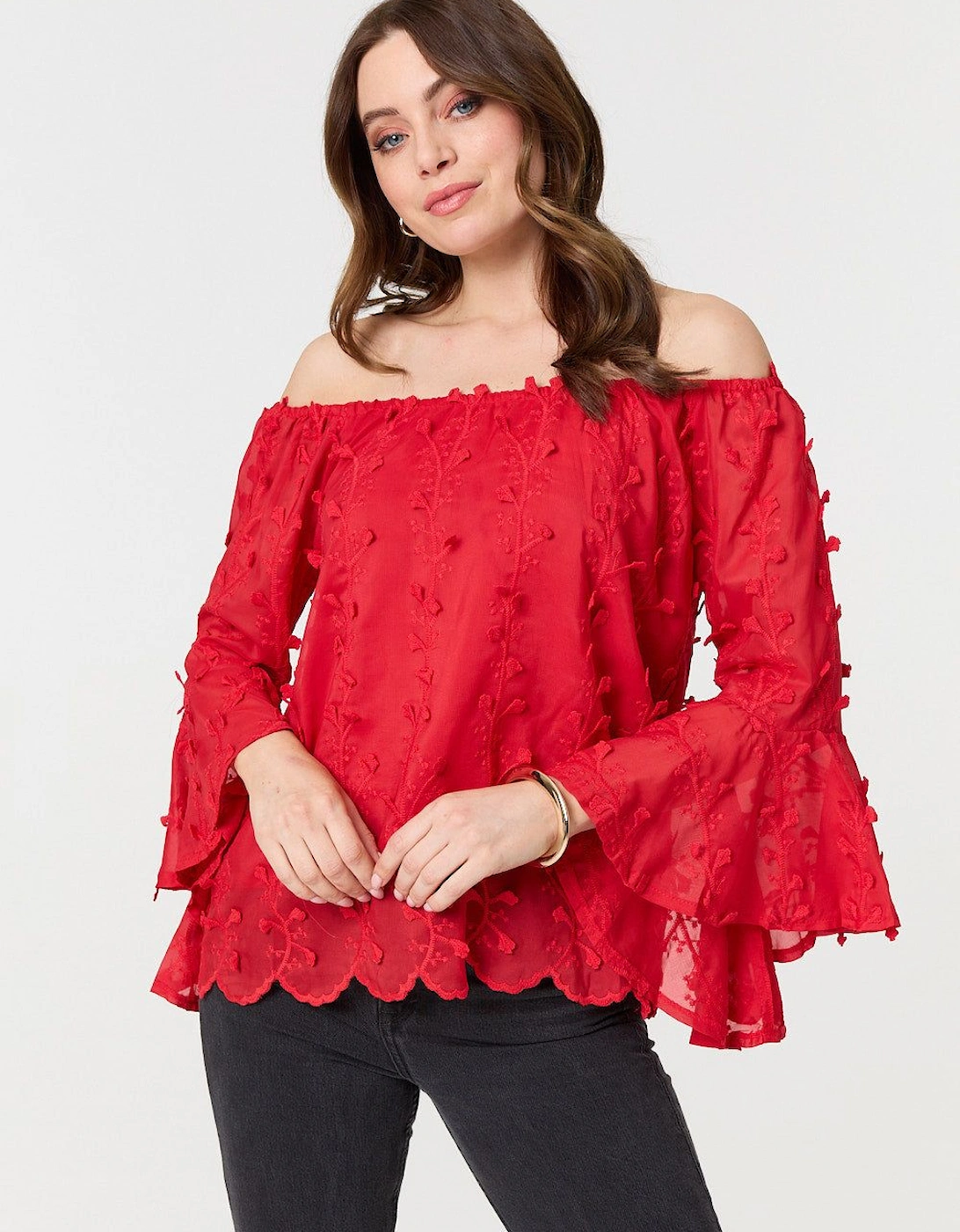 Textured Semi Sheer Bardot Blouse, 2 of 1