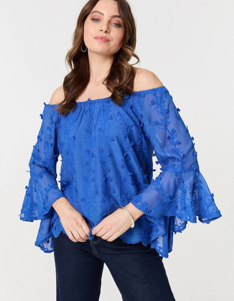 Textured Semi Sheer Bardot Blouse