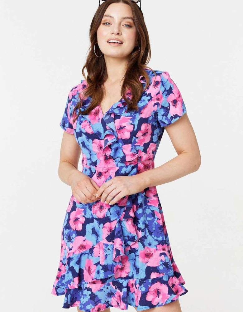 Floral Frill Faux Wrap Short Dress