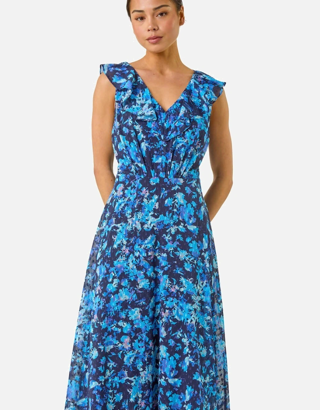 Petite Floral Print Frill Front Midi Dress, 2 of 1