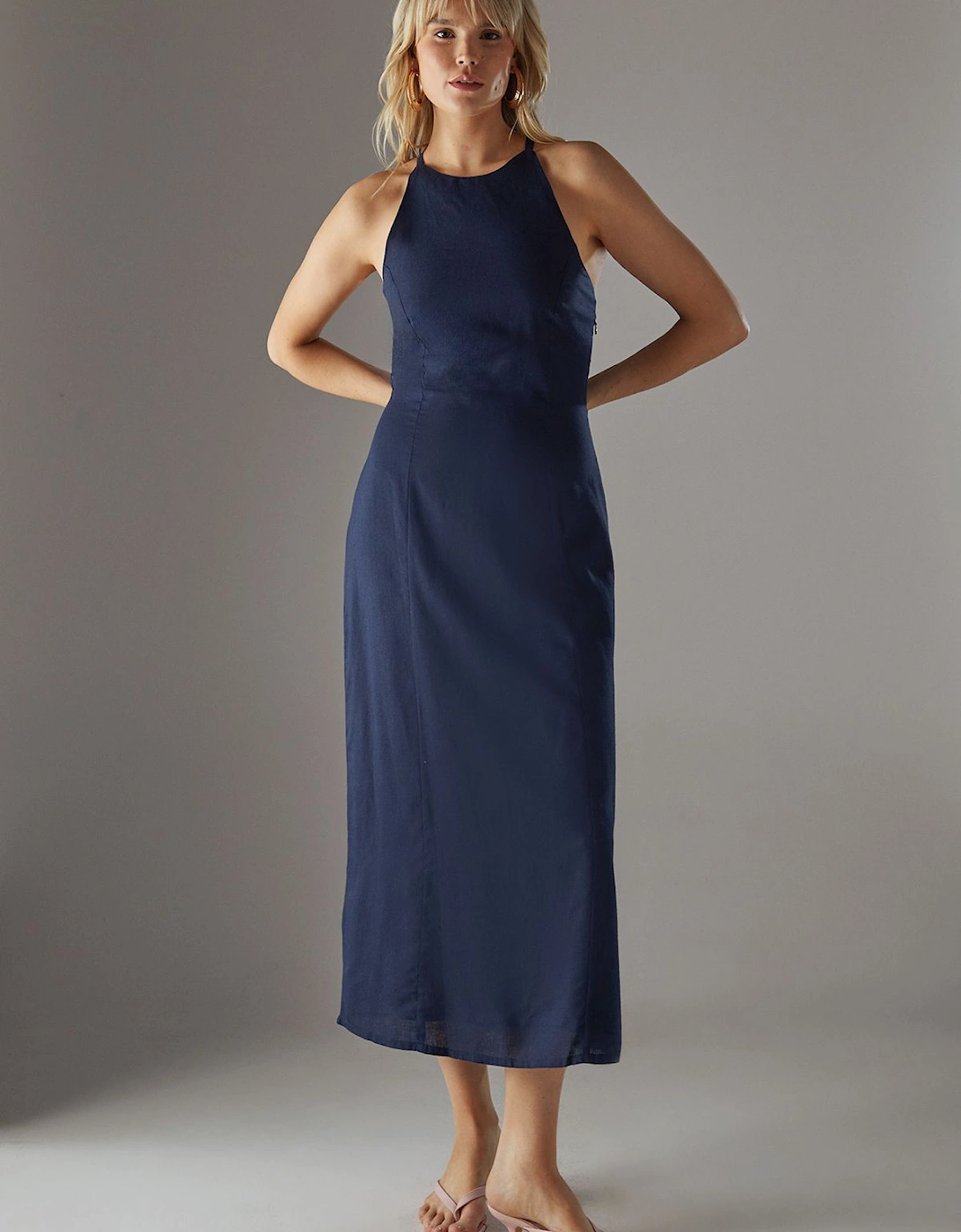 Premium Linen Blend Racer Tie Back Midi Dress, 2 of 1
