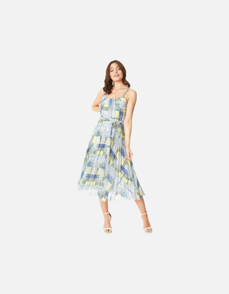 Check Print Pleated Chiffon Midi Dress