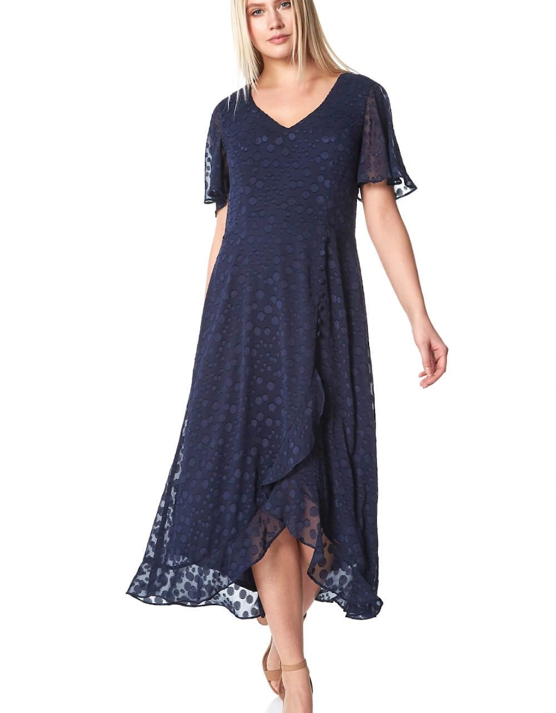 Spot Chiffon Frill Asymmetric Midi Dress, 2 of 1
