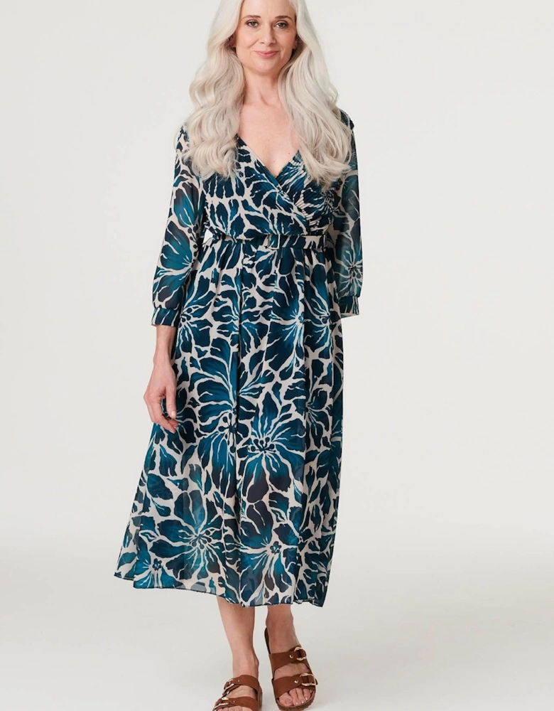 Floral Semi Sheer V-Neck Midi Dress
