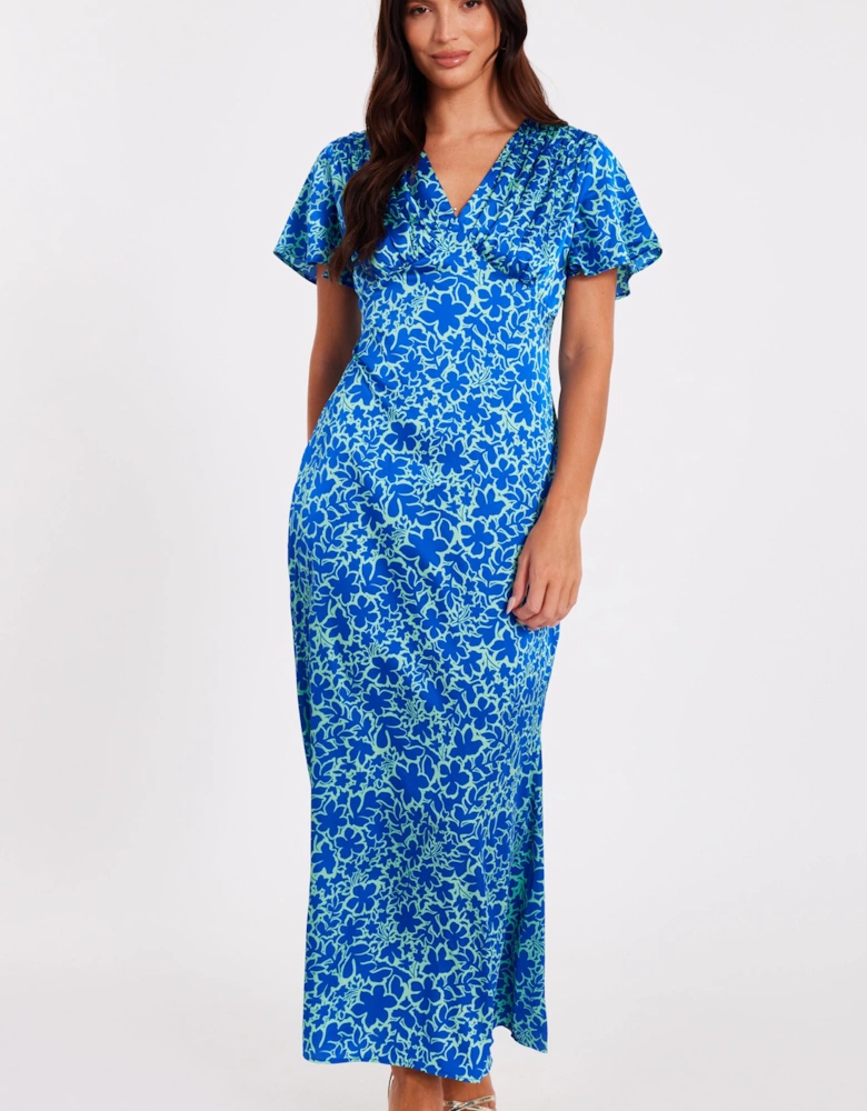 Blue Satin Floral Midaxi Dress