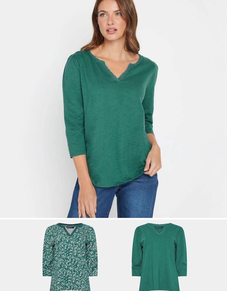 2 Pack Printed & Plain Lace Trim T-Shirts