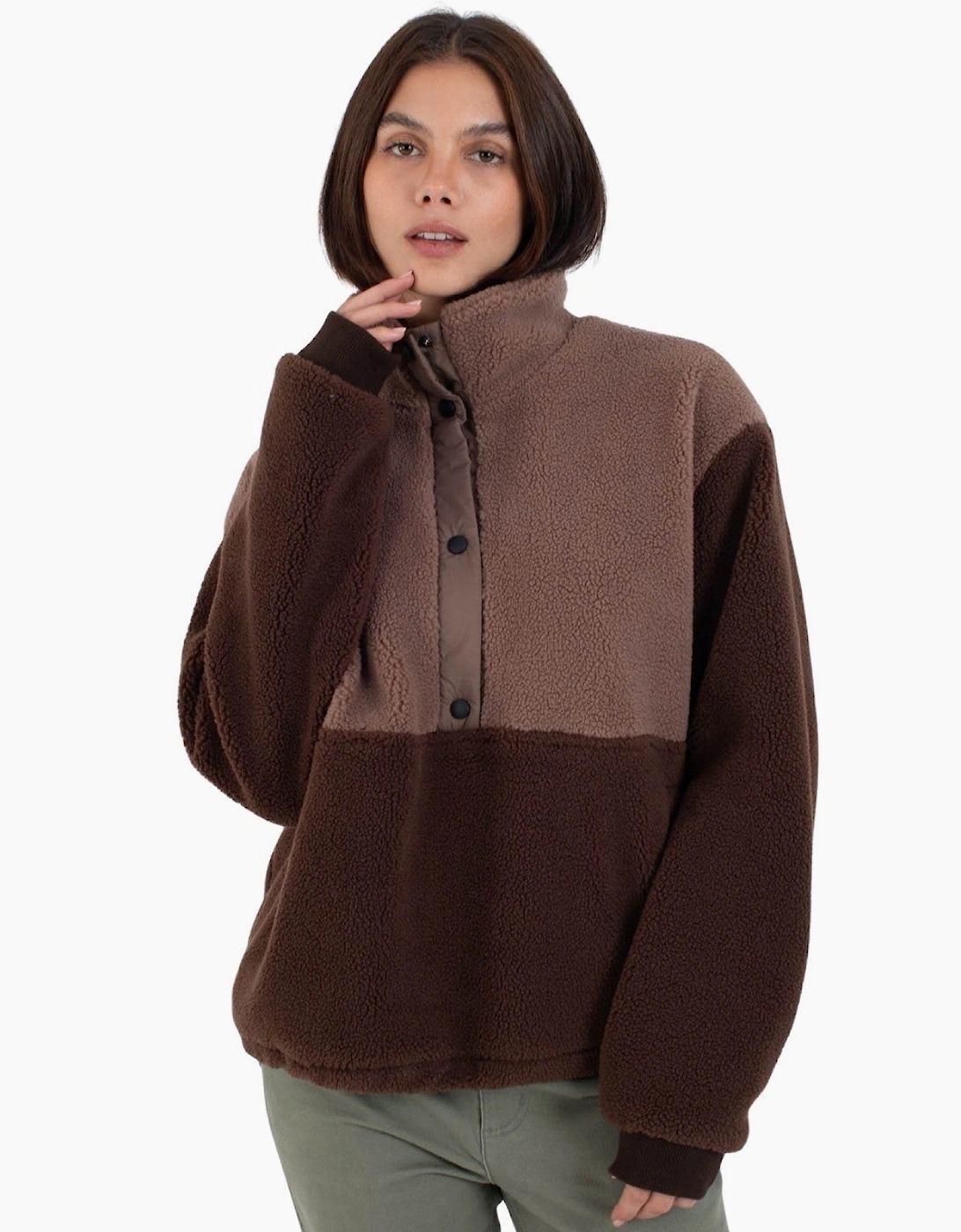 Women's Hurley Womens Comfort High Pile Button Up Half Zip Fleece - Brown - Size: 12