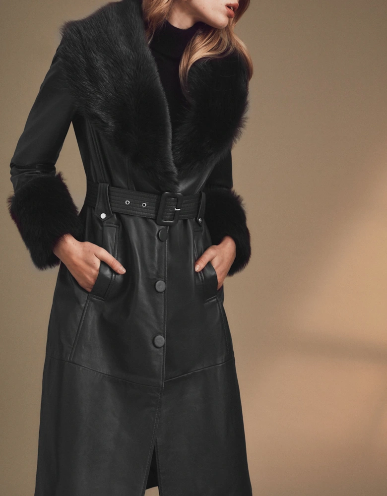 Shearling Cuff And Collar Leather Coat