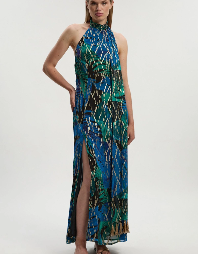 Petite Viscose Metallic Palm Print Halter Neck Maxi Dress