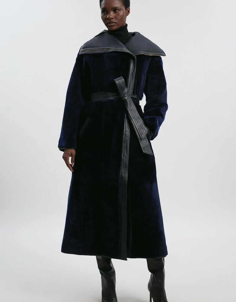 Reversible Shearling & Leather High Collar Maxi Coat
