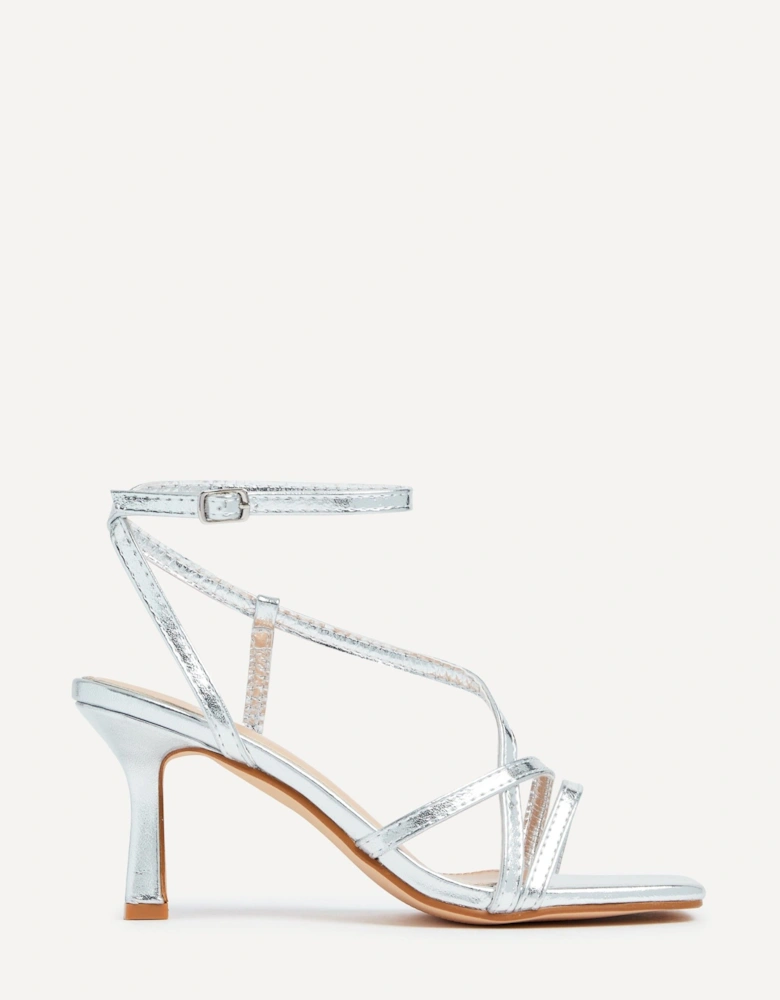 Ella Silver Faux Leather Strappy Square Toe Heeled Sandal