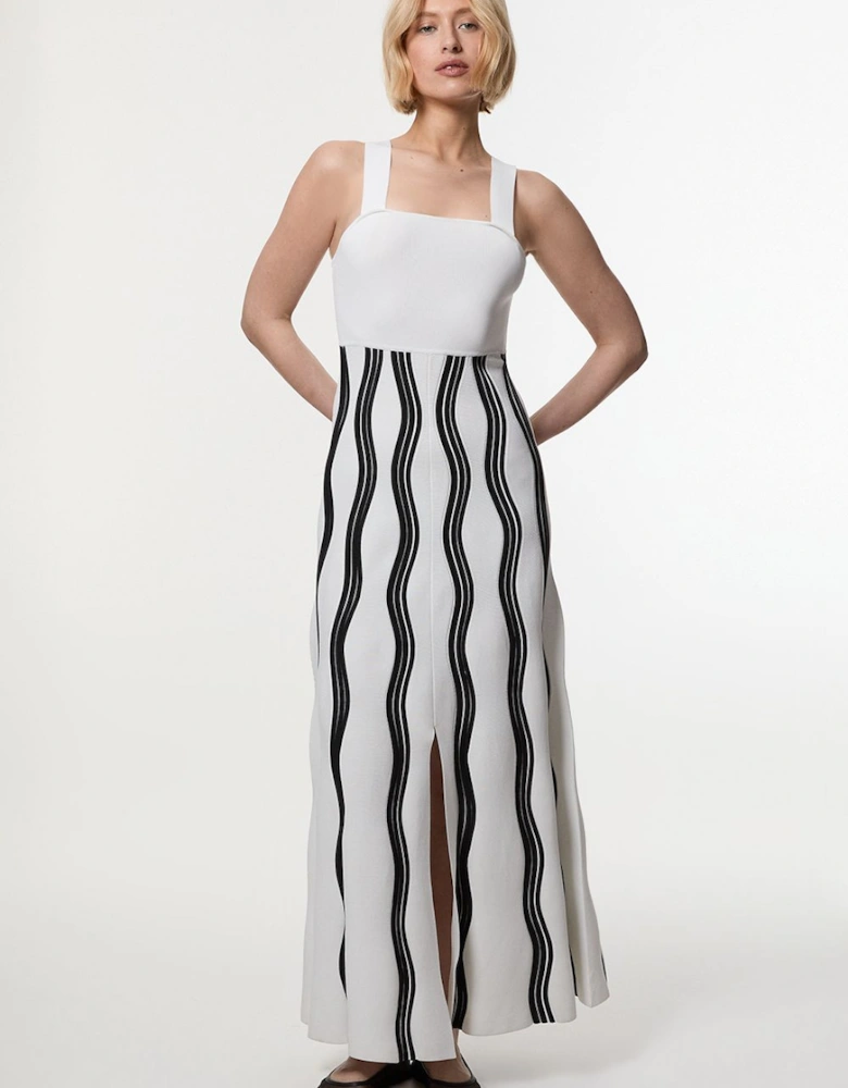 Contrast Wave Knit A-Line Knitted Strappy Dress