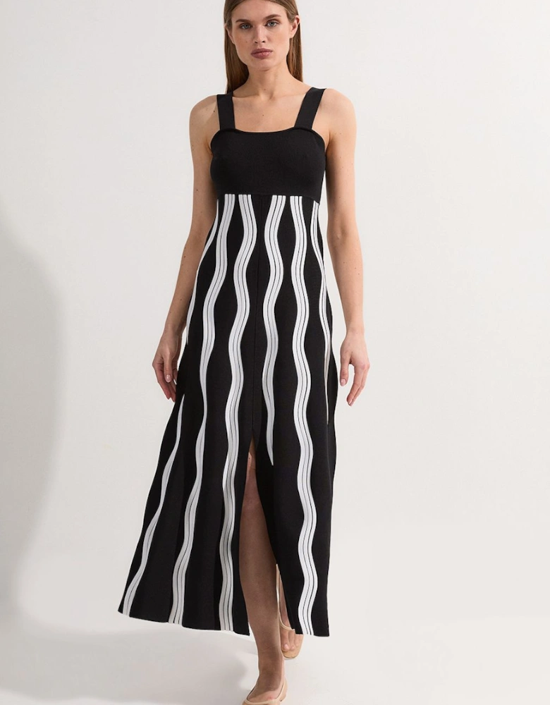 Contrast Wave Knit A-Line Knitted Strappy Dress