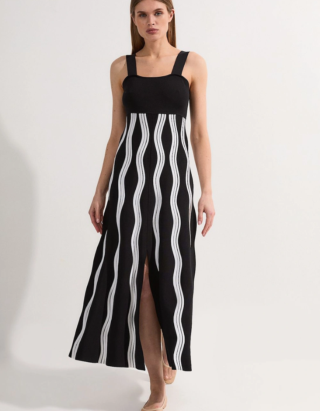 Contrast Wave Knit A-Line Knitted Strappy Dress, 2 of 1