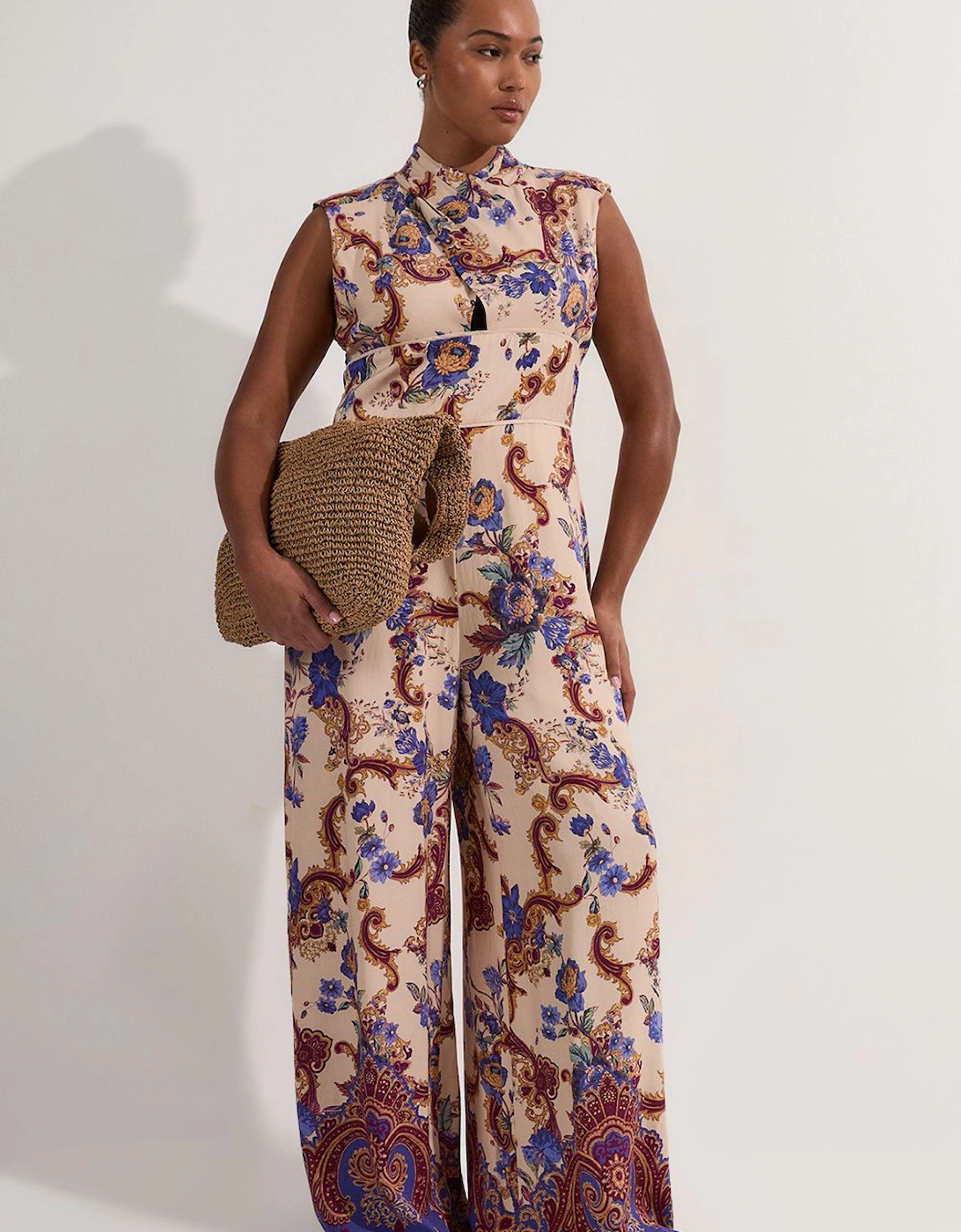 Plus Size Premium Viscose Linen Paisley Border Print Woven Jumpsuit, 2 of 1