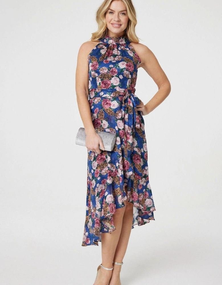 Floral Frill Hem Midi Halter Dress