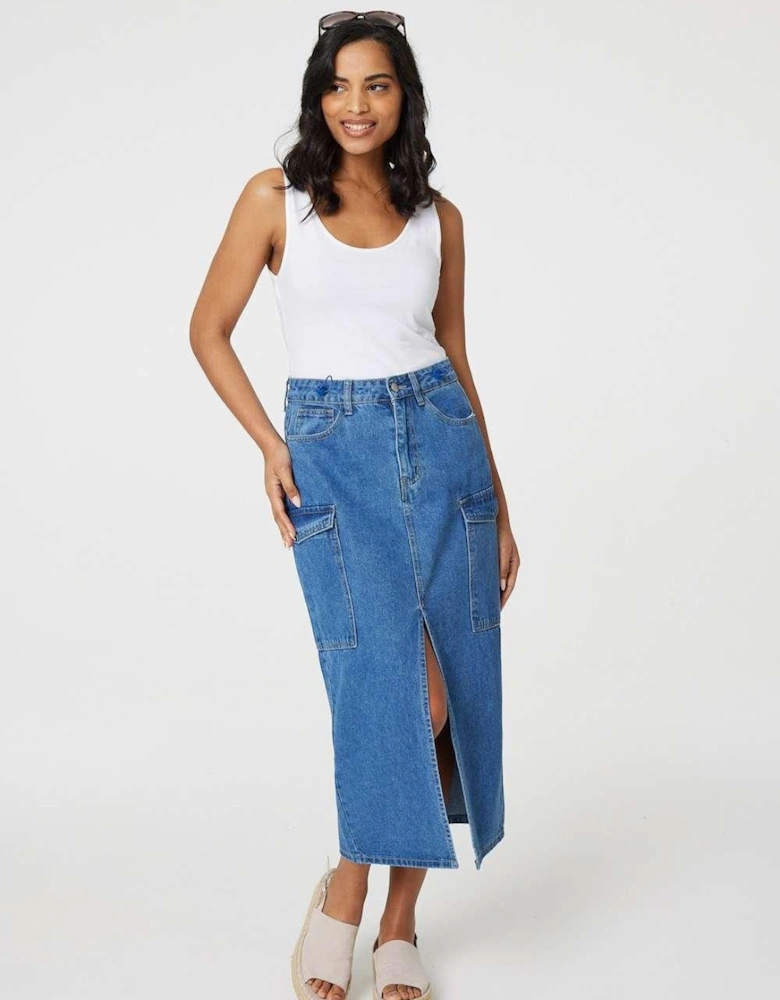 Denim High Waist Split Midi Skirt