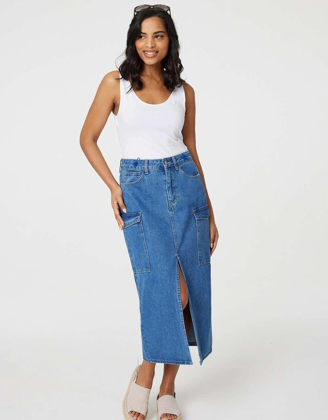 Denim High Waist Split Midi Skirt, 2 of 1