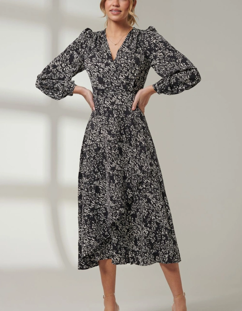 Crepe Wrap Long Sleeve Midi Dress