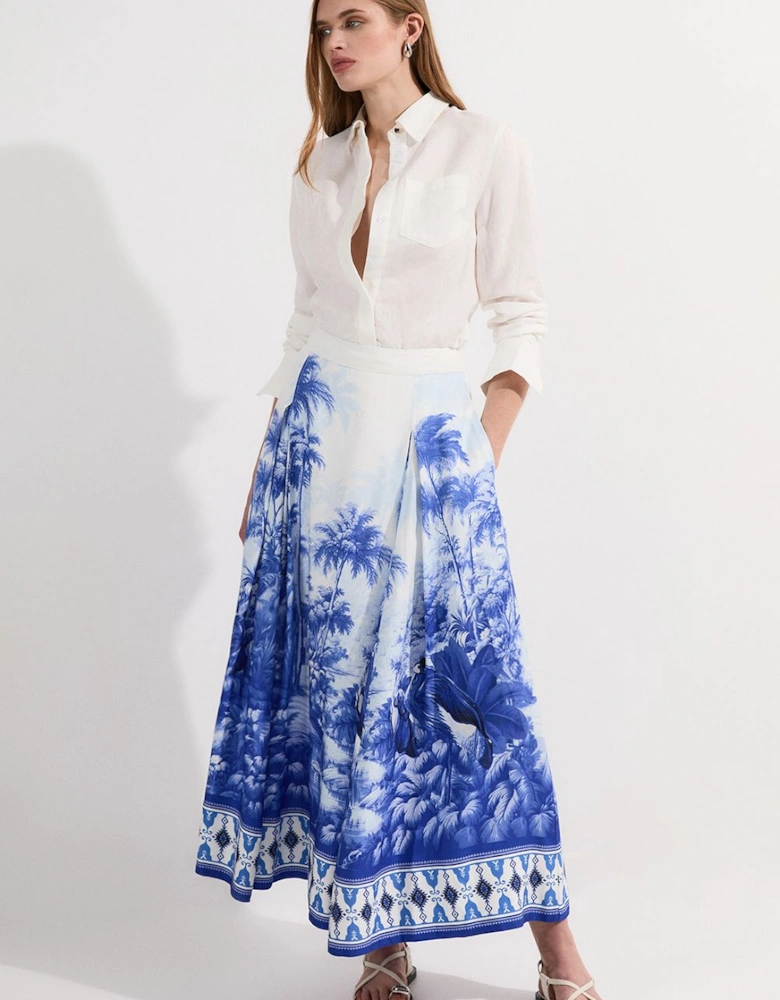 Viscose Linen Scenic Print With Top Stitch Woven Maxi Skirt