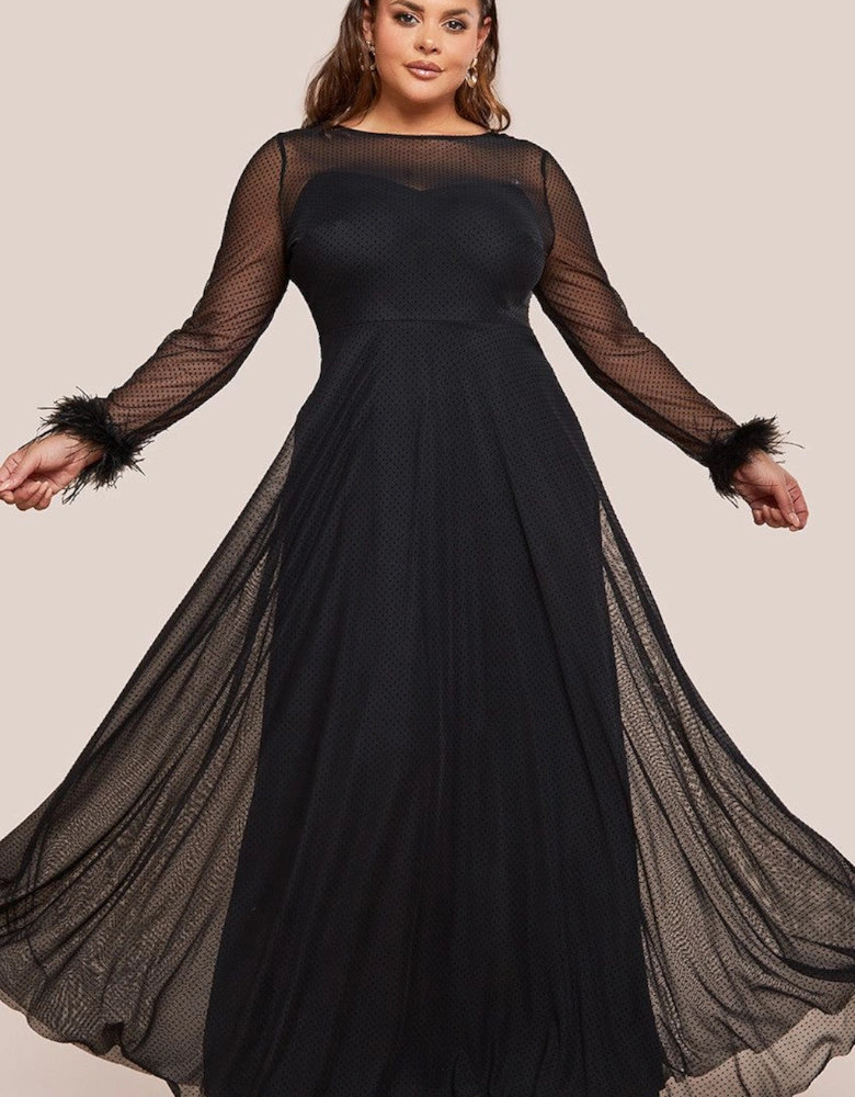 Dobby Mesh Feather Sleeve Hem Maxi Dress