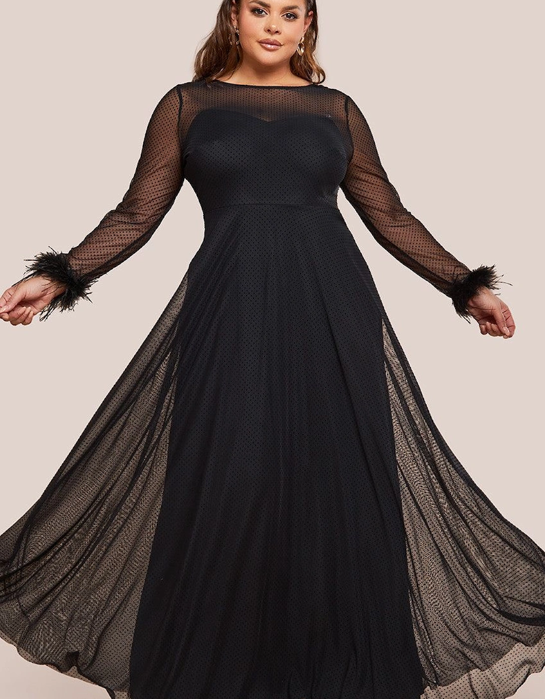 Dobby Mesh Feather Sleeve Hem Maxi Dress, 2 of 1