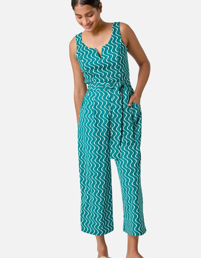 Wave Print Cropped Jumpsuit