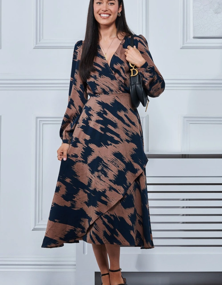 Abstract Print Sleeved Wrap Midi Dress
